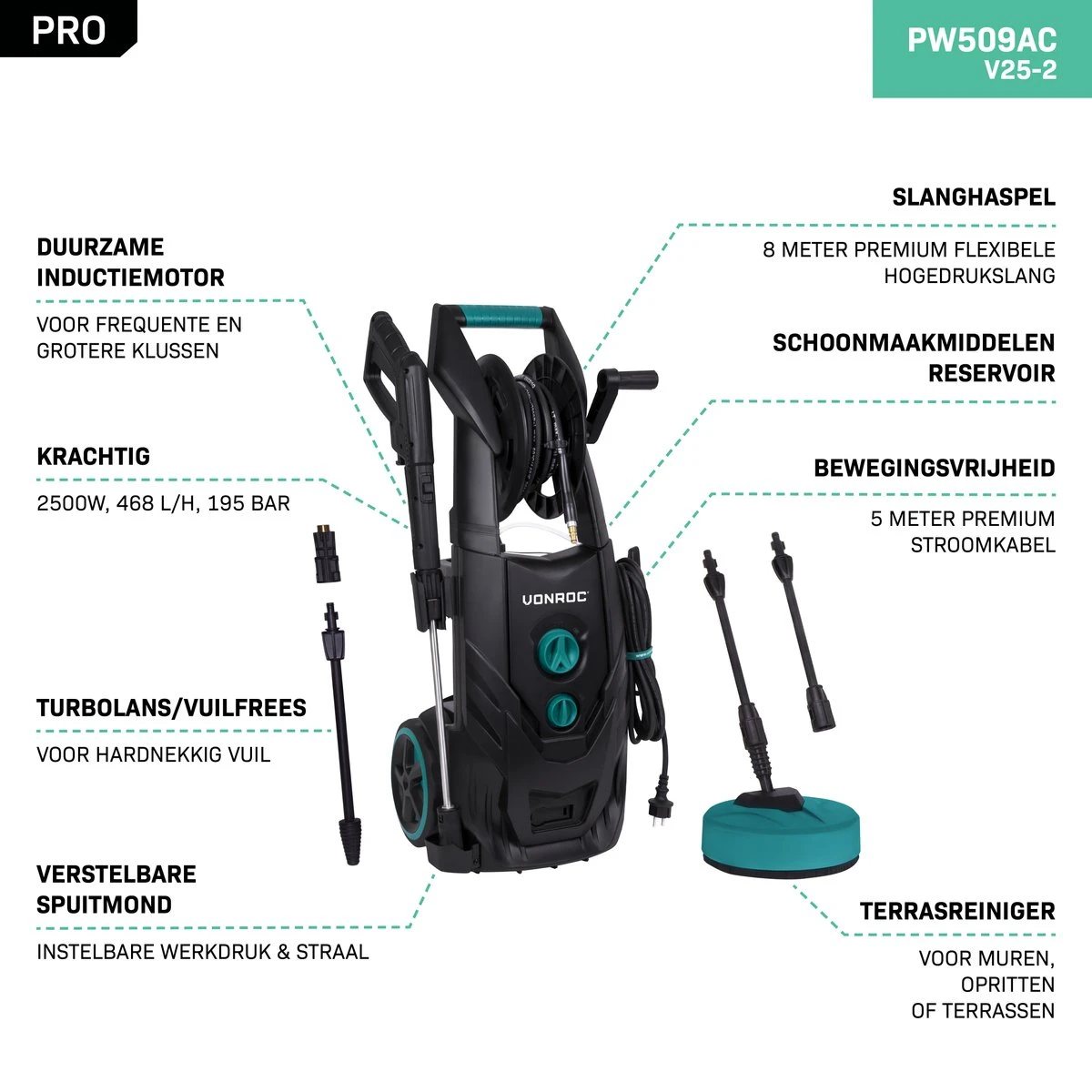 VONROC PRO Hogedrukreiniger V25-2 – 2500W – 195 Bar – 468 L/h – Duurzame Inductiemotor – Incl. 8m Slang, Slanghaspel, Terrasreiniger, Reinigingstank En Meer - Afbeelding 5
