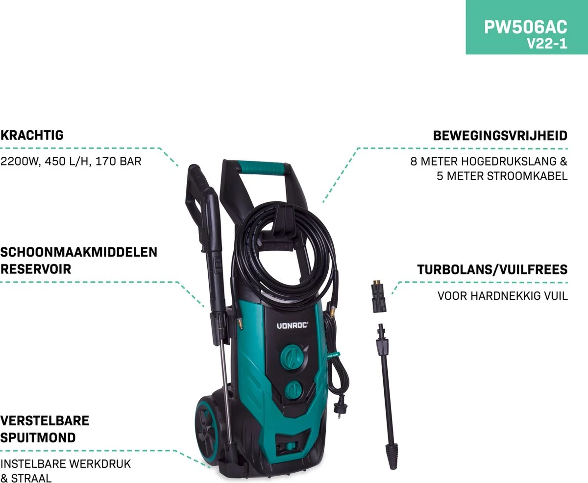 VONROC Hogedrukreiniger V22-1 2200W – 170 Bar – 450 L/h – Incl. 8m Slang, Reinigingsmiddelen Tank, Spuitstukken En Accessoires - Afbeelding 3